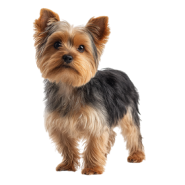 a small dog standing in front of a white background