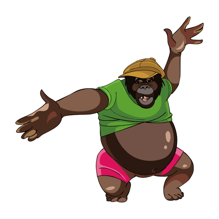 a gorilla wearing a green shirt and pink shorts