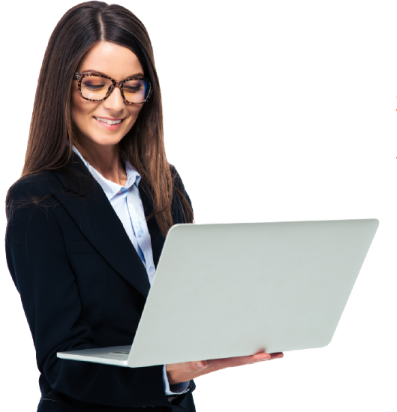 a woman in a business suit holding a laptop