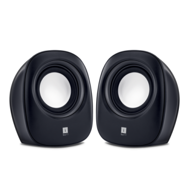 a pair of black speakers on white background