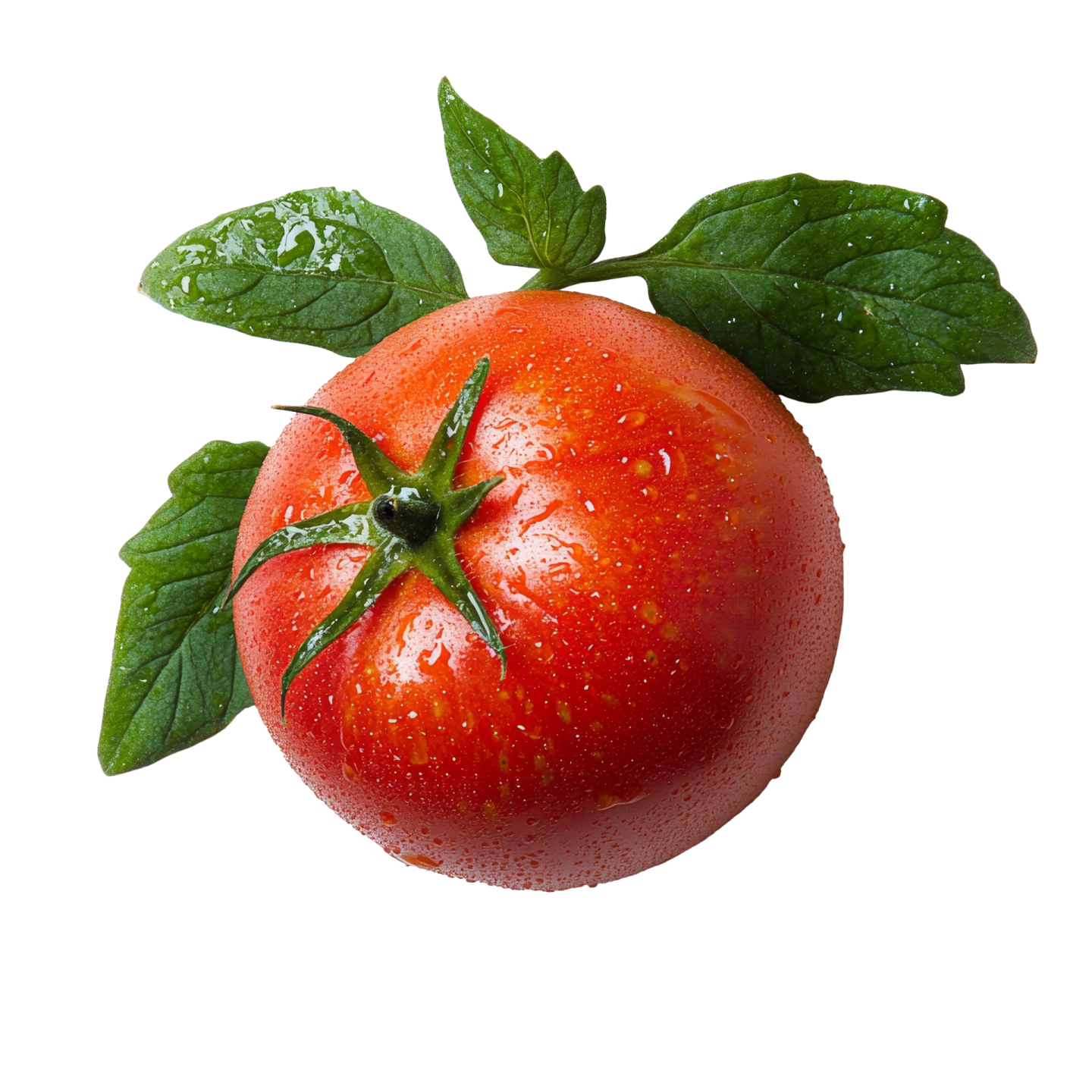 a red tomato with green leaves on it