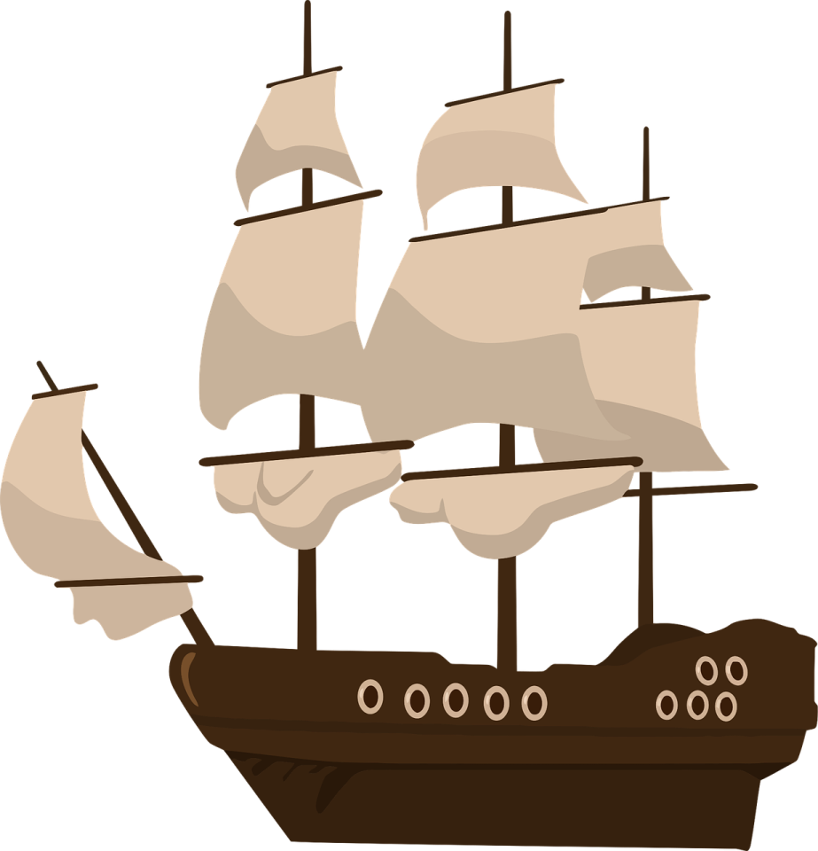 a pirate ship with sails