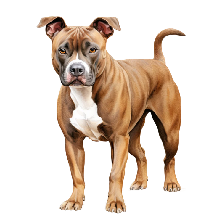 a brown and white dog standing in front of a white background