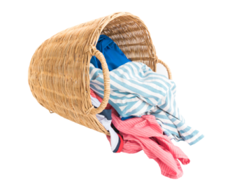 a basket full of clothes on a white background
