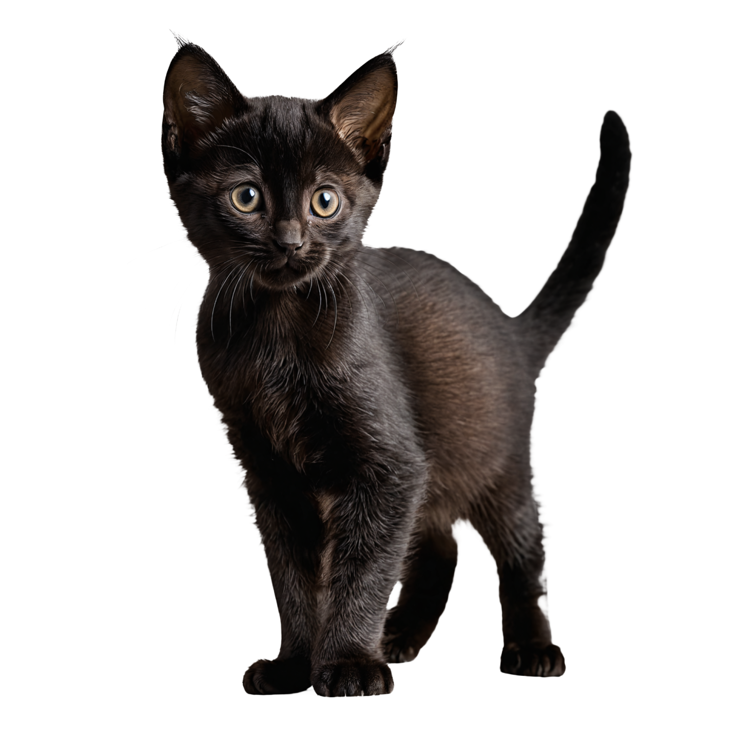 a black kitten standing on a white background