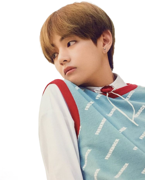 a boy with brown hair wearing a blue and white sweater