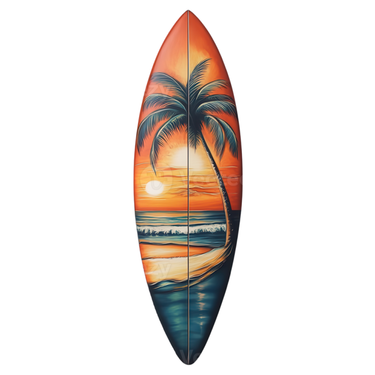 a surfboard with a painting of a palm tree on it