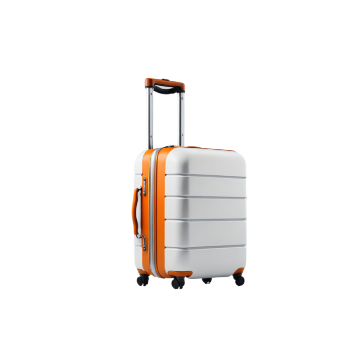 a white and orange suitcase with wheels