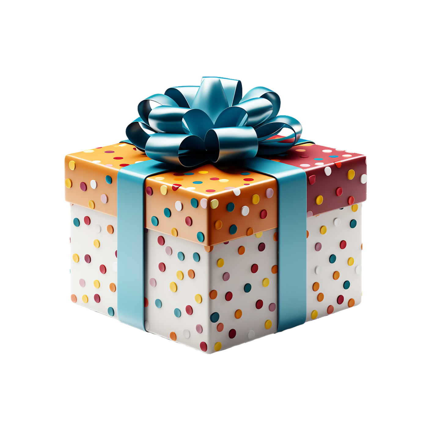 a colorful gift box with a blue bow