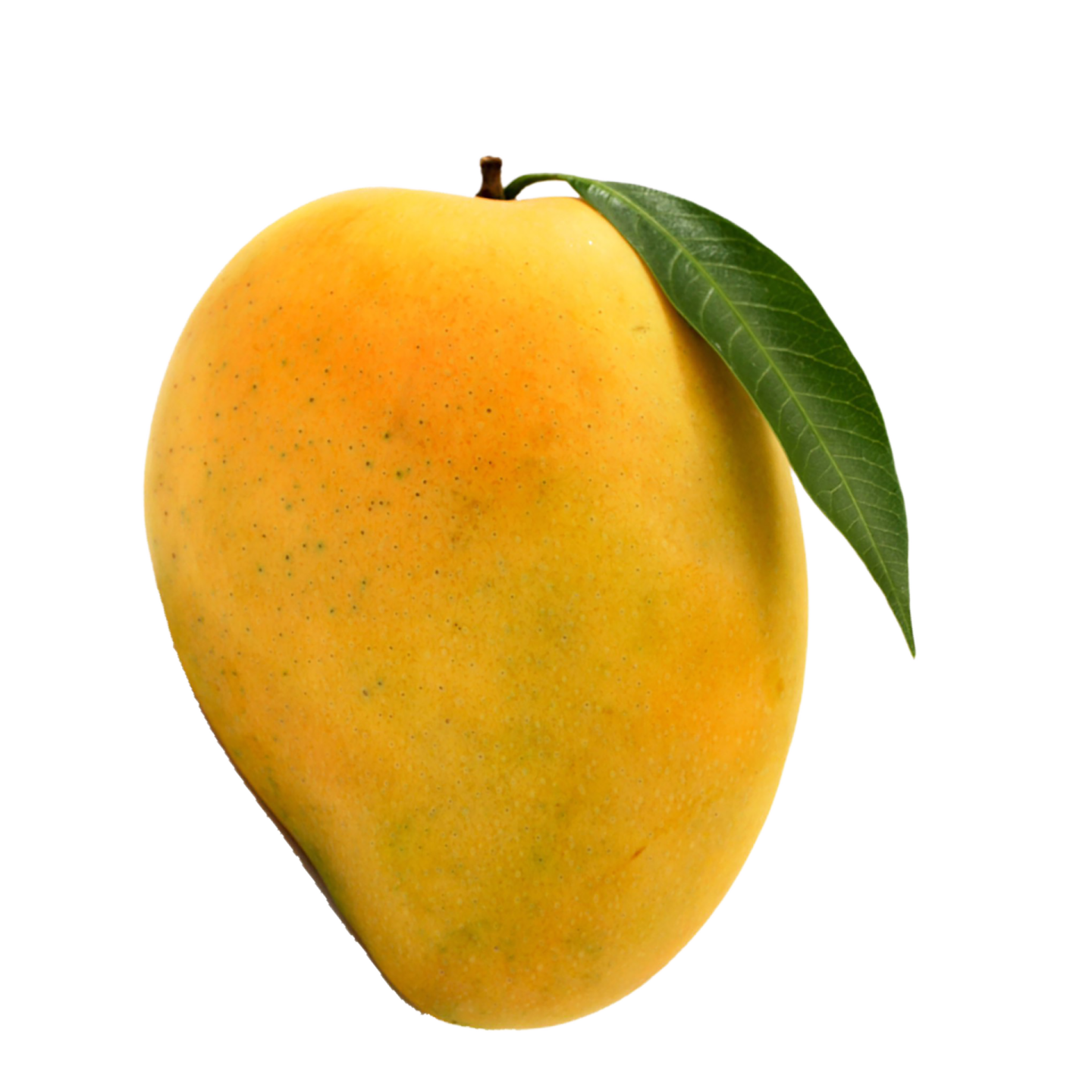 a mango with a leaf on top of it
