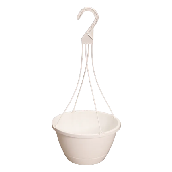 a white plastic hanging basket with a hook
