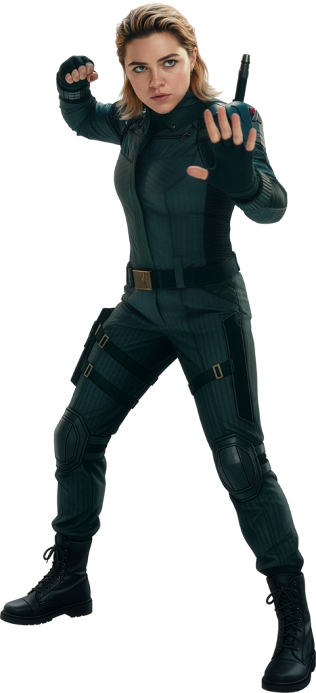 a woman in black widow costume pointing at the camera