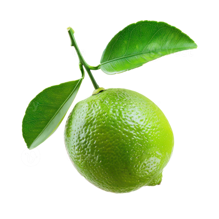 a lime with green leaves on a white background