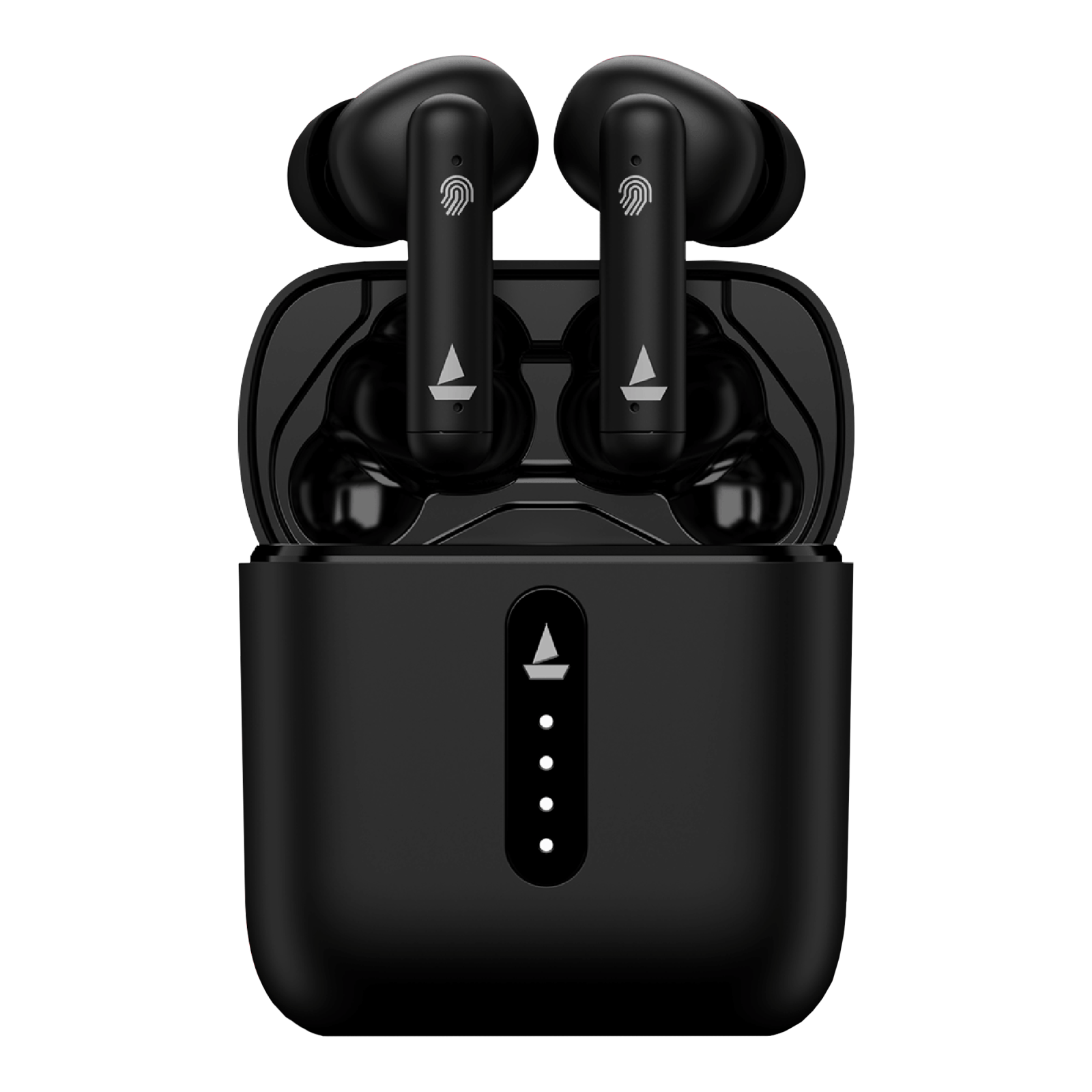 a pair of black airpodss on a white background