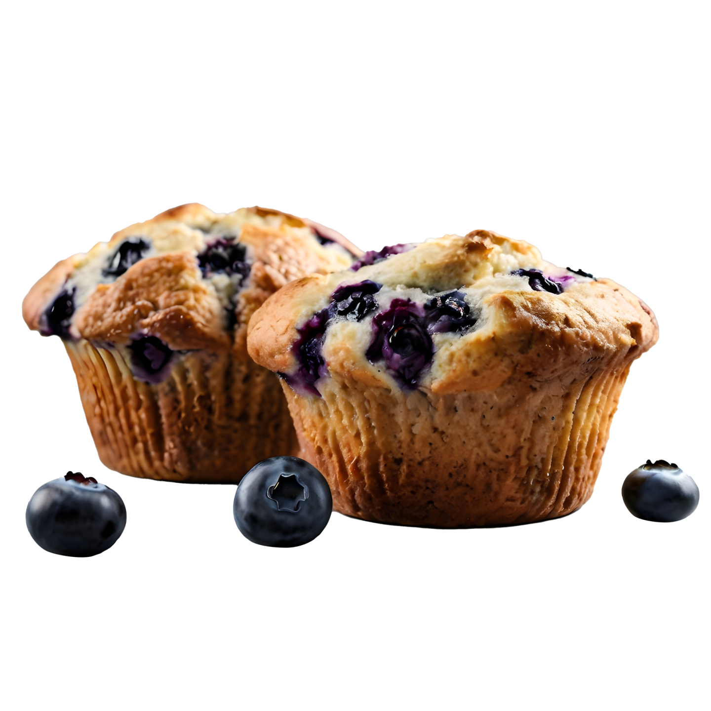 two blueberry muffins on a white background