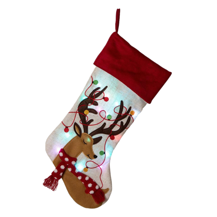 a christmas stocking with reindeers and lights