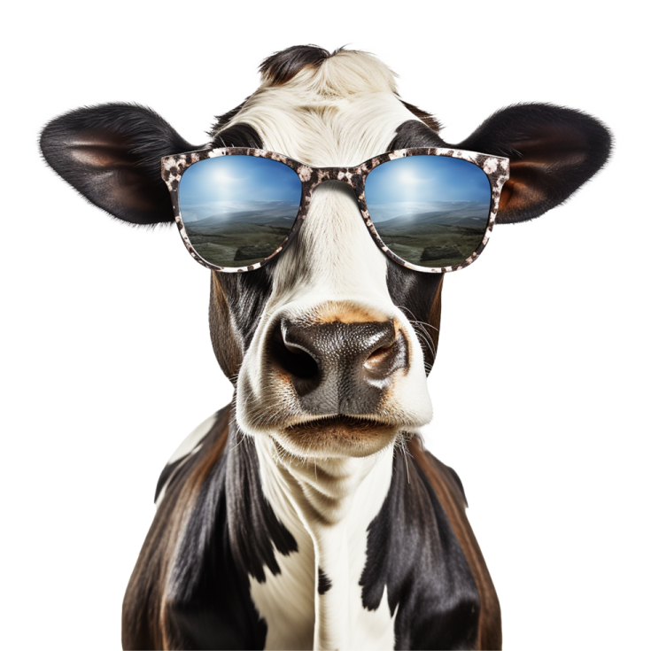 a cow wearing sunglasses and looking at the camera
