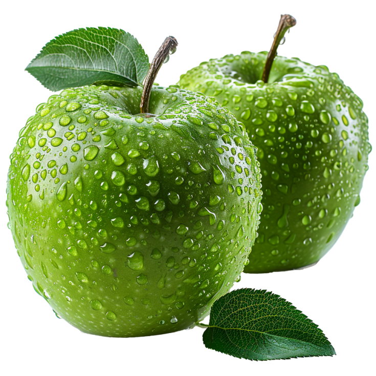 two green apples with water drops on them