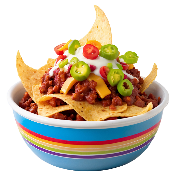 a bowl of chili and cheese with chips
