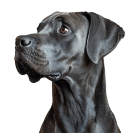 a black dog looking up at the camera