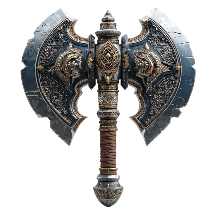 an image of a sword with two axes