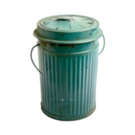 a green metal trash can with a lid