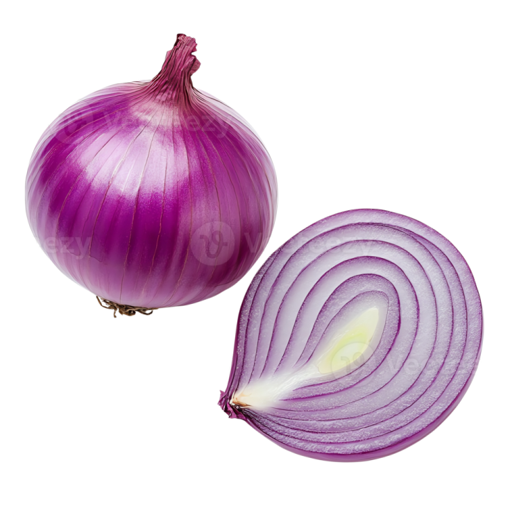 an onion and a sliced onion on a white background