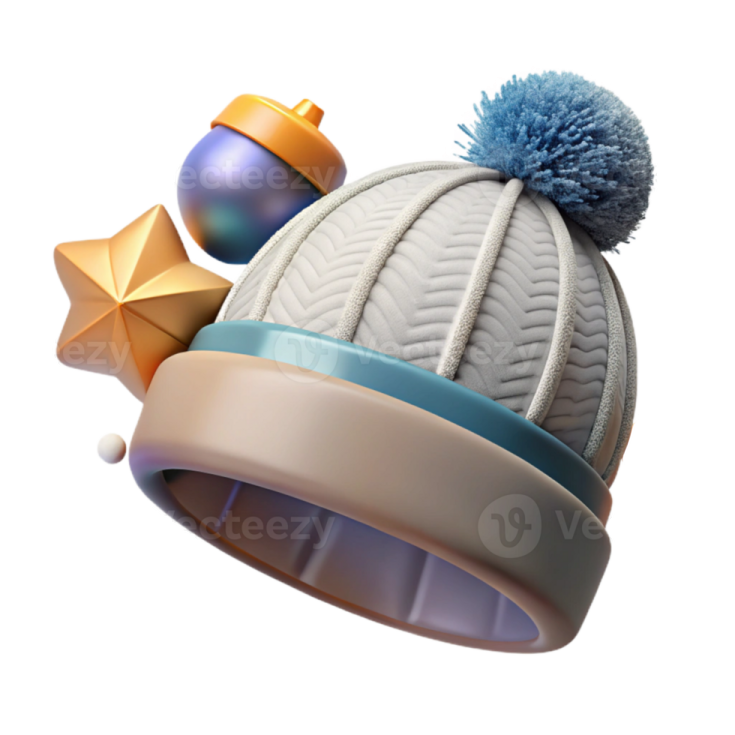 a white hat with a blue pom on top of it