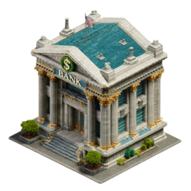 a bank building with a blue roof