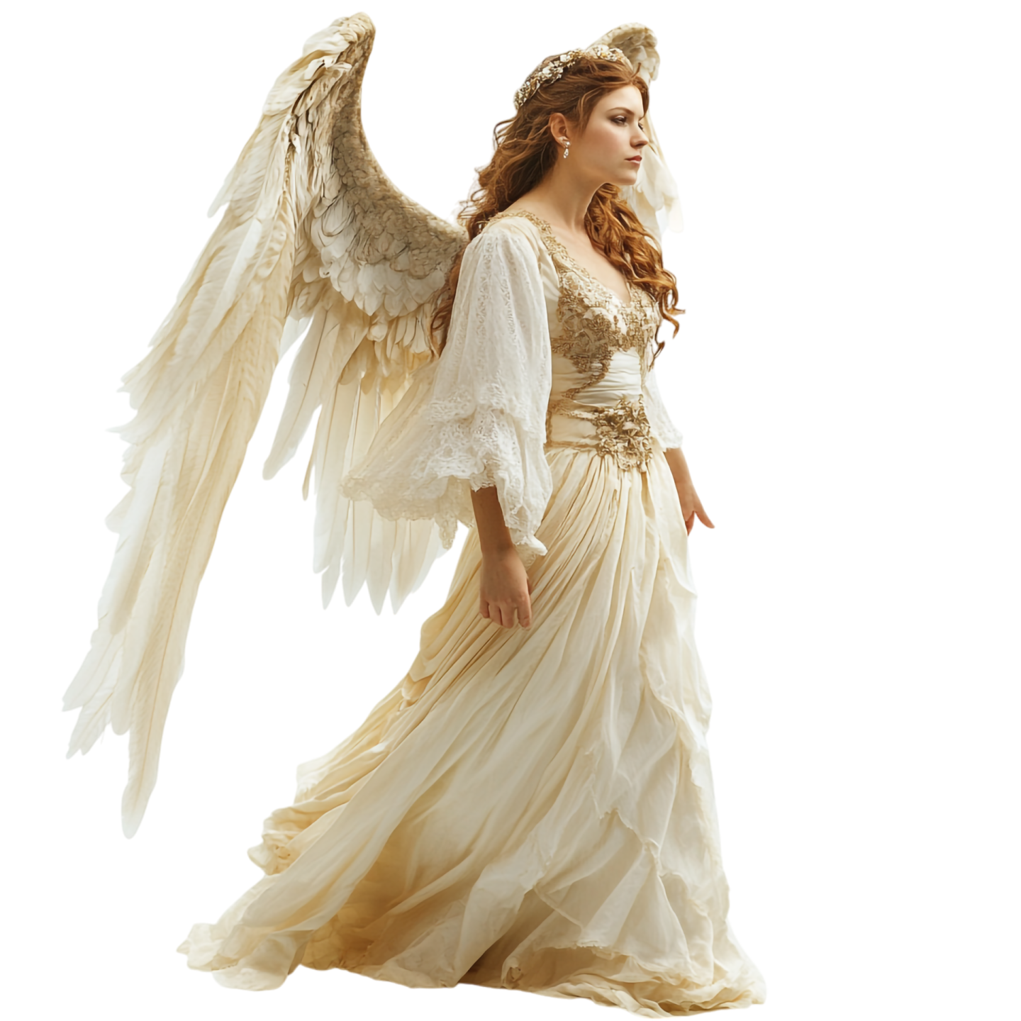 a woman in a white dress with angel wings