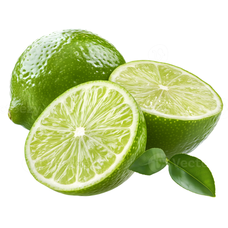 two limes with leaves on a white background