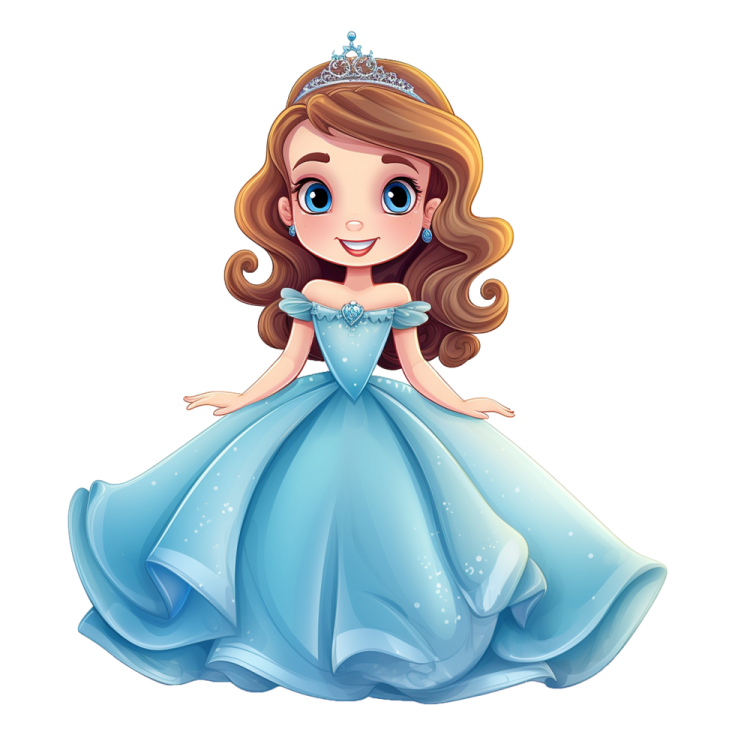 a little girl in a blue dress with a tia on her head