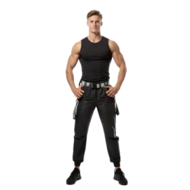 a man in a black tank top and pants