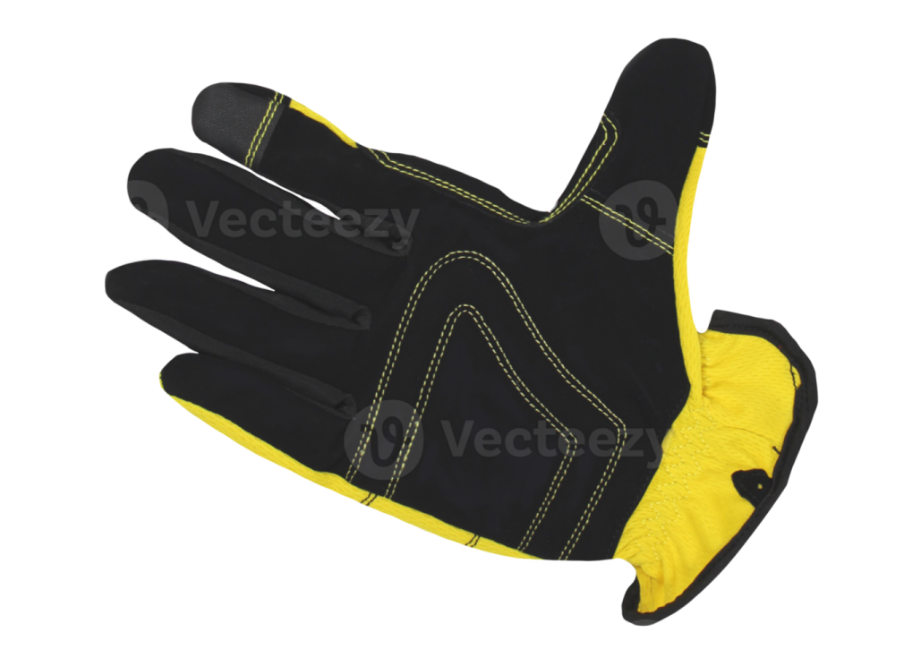a pair of black and yellow work gloves
