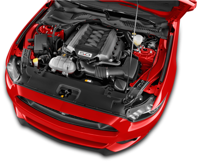the engine compartment of a red car