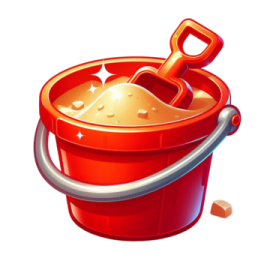 a red bucket with a shovel in it