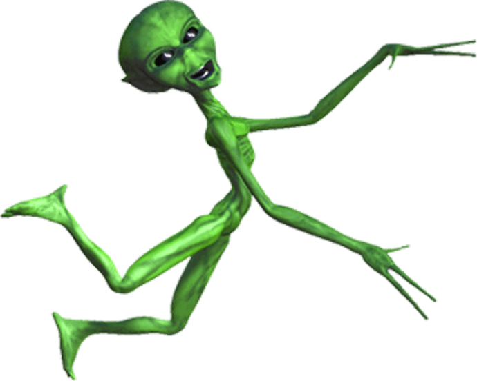 an alien with a green body and legs