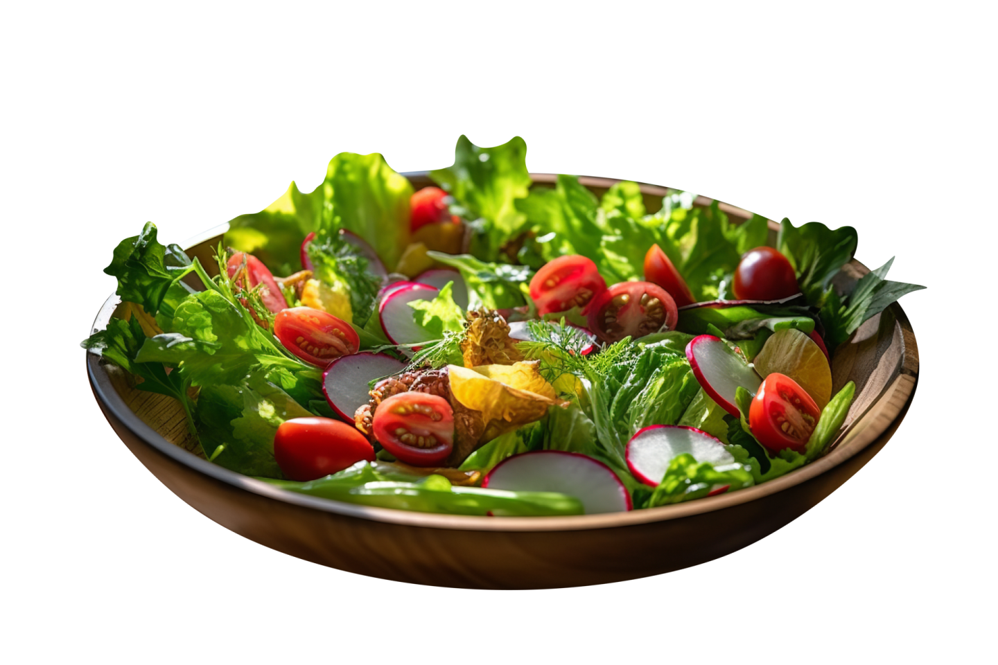 a wooden bowl filled with salad and vegetables
