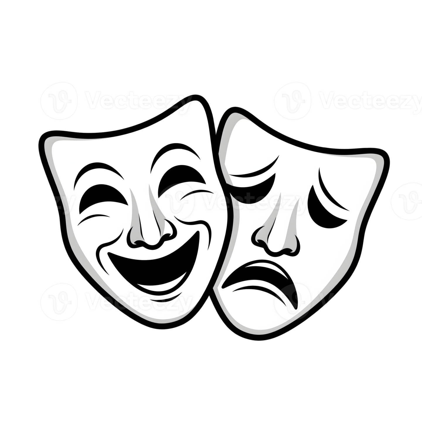 a pair of theatre masks with faces in black and white