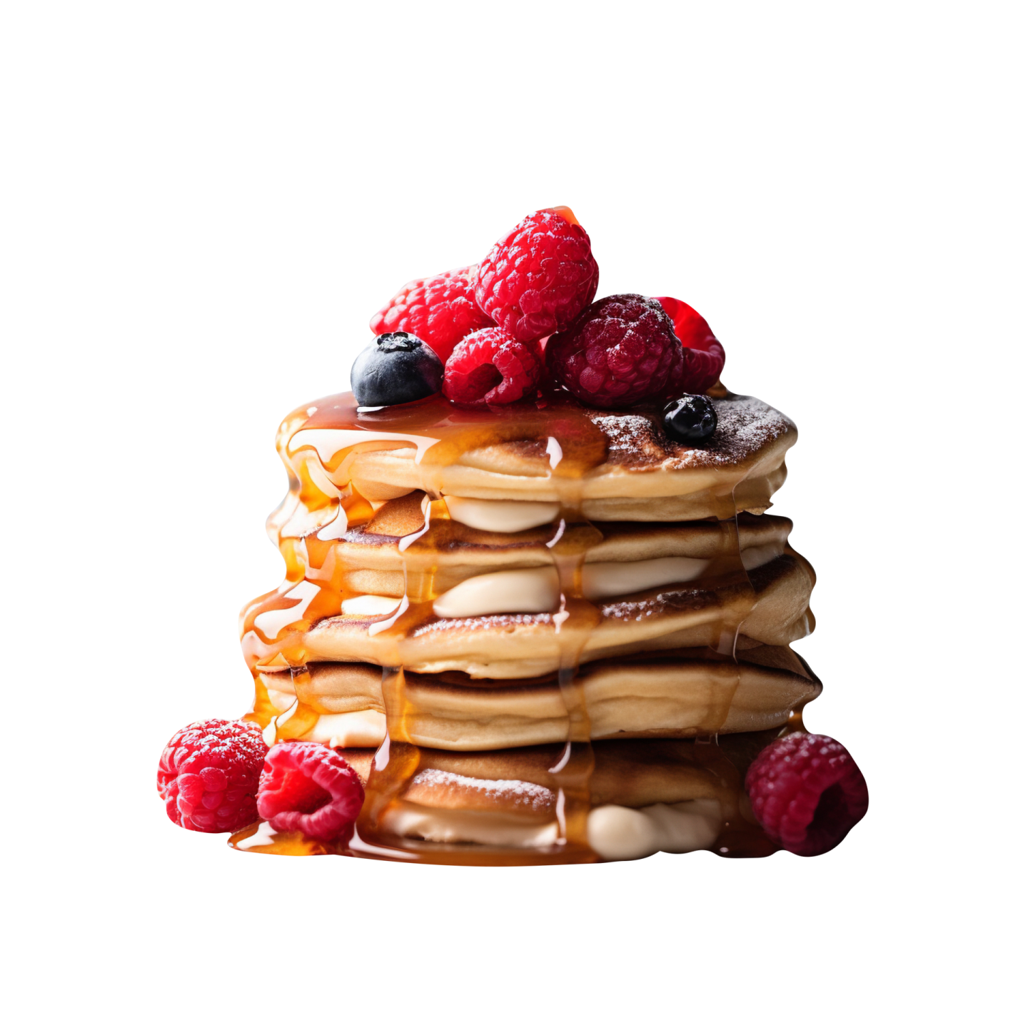 a stack of pancakes with syrup and berries