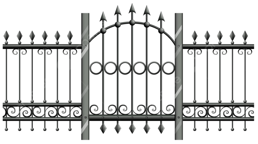 a wrought fence with an arrow on the top
