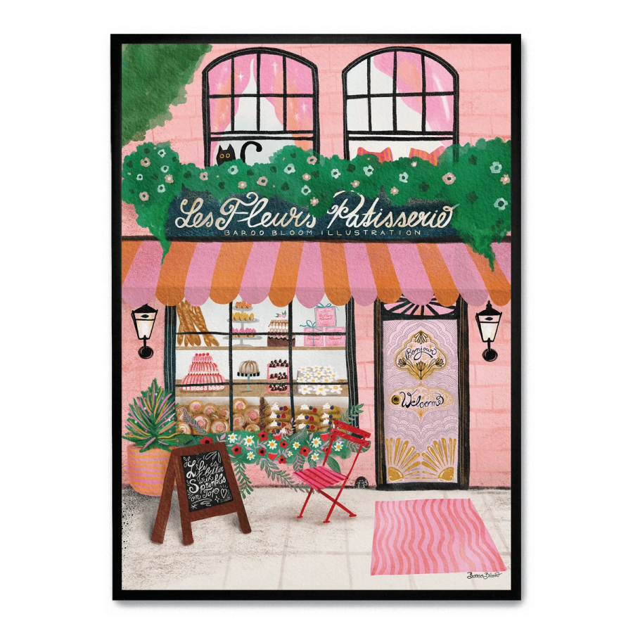 a painting of a storefront with flowers and plants on it