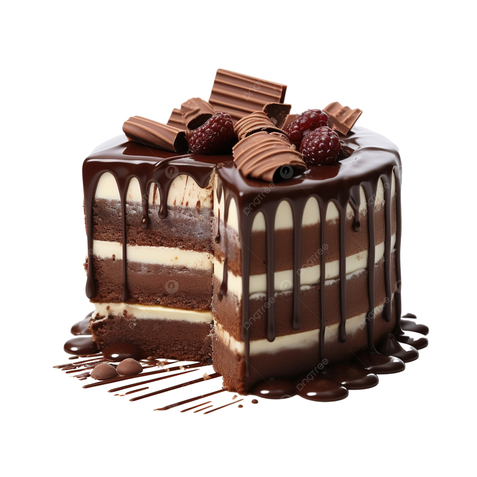 a piece of chocolate cake on a white background