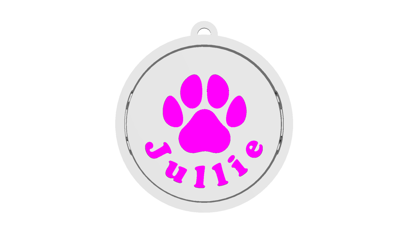 a white oval pendant with pink paw print on it