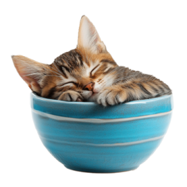 a kitten sleeping in a blue bowl