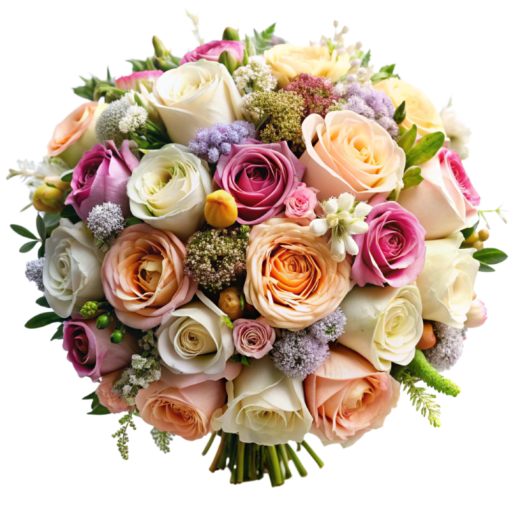 a bouquet of pink and white roses