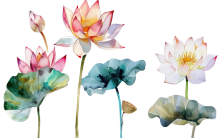 four watercolor lotus flowers