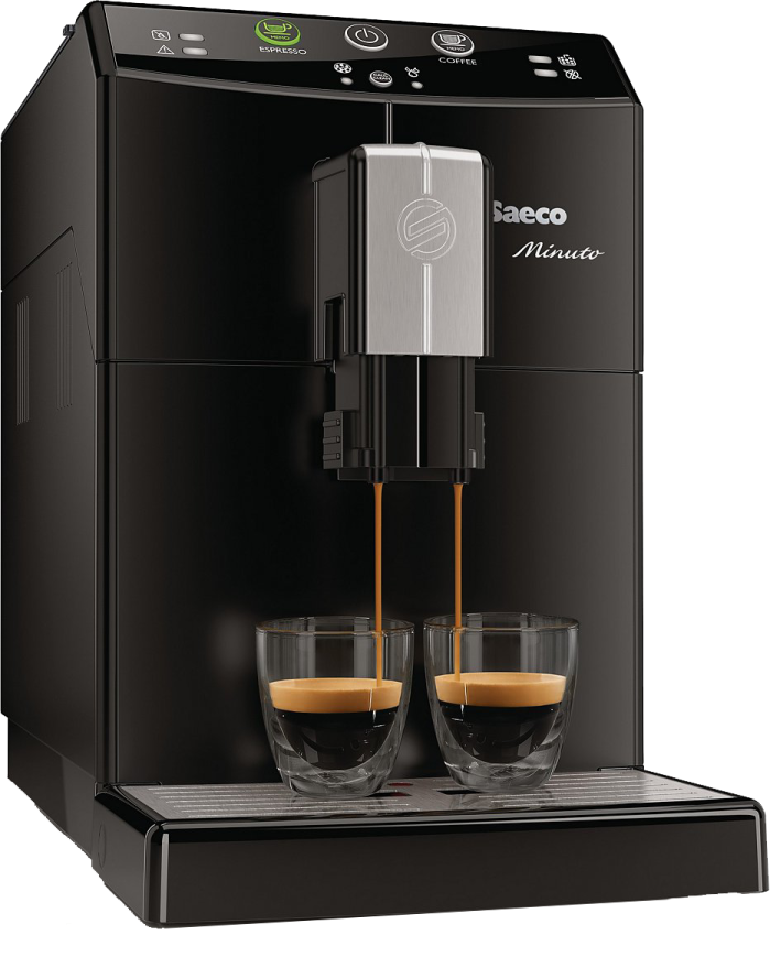 a black coffee machine with two glasses on it
