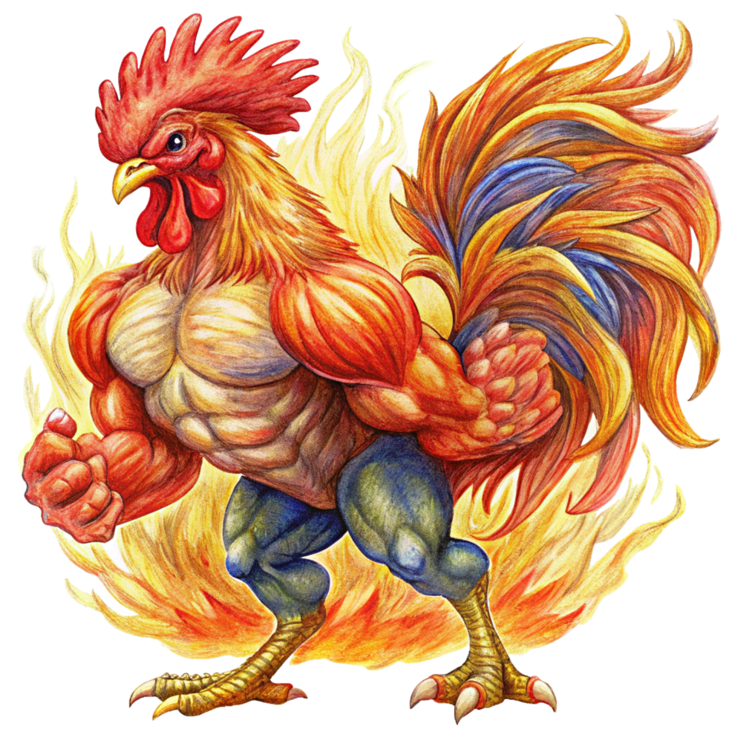 a drawing of a rooster on fire