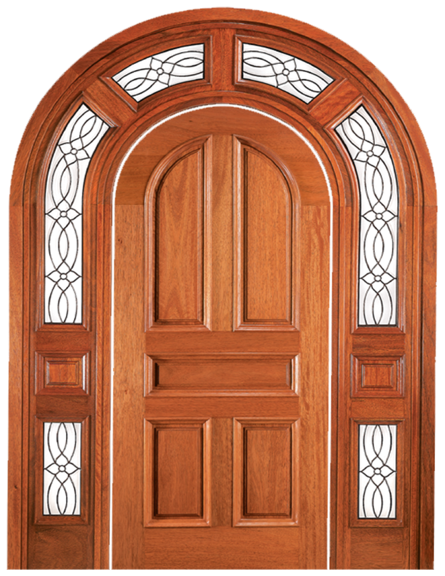 a wooden door with arched glass